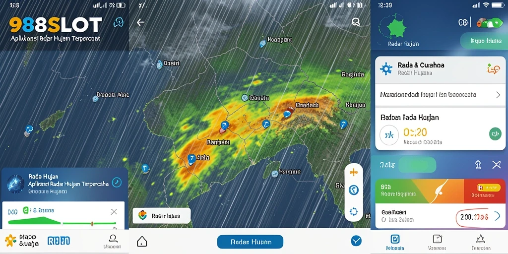 Antarmuka aplikasi 988SLOT menampilkan pemantauan hujan secara real-time.