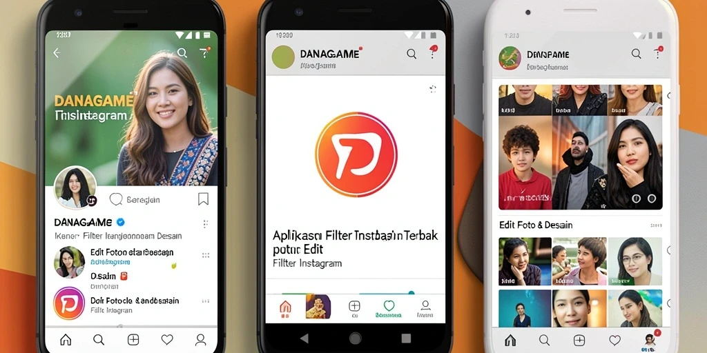Antarmuka aplikasi DANAGAME dengan berbagai filter menarik untuk Instagram.