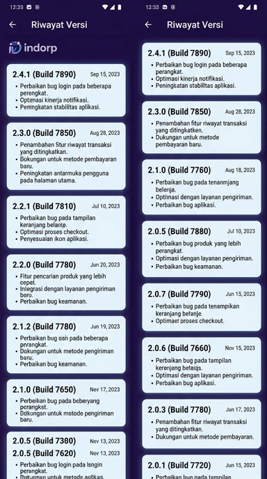 Tampilan riwayat versi indorp